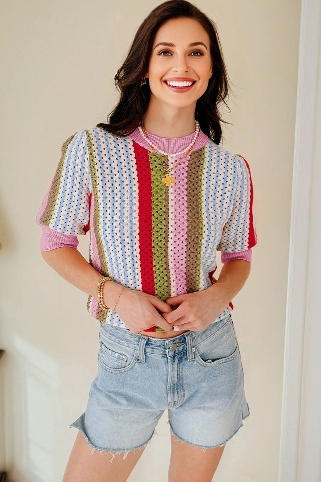 Stripe Pointelle Knit 3/4 Sleeve Sweater - Rooted & Reckless Co.