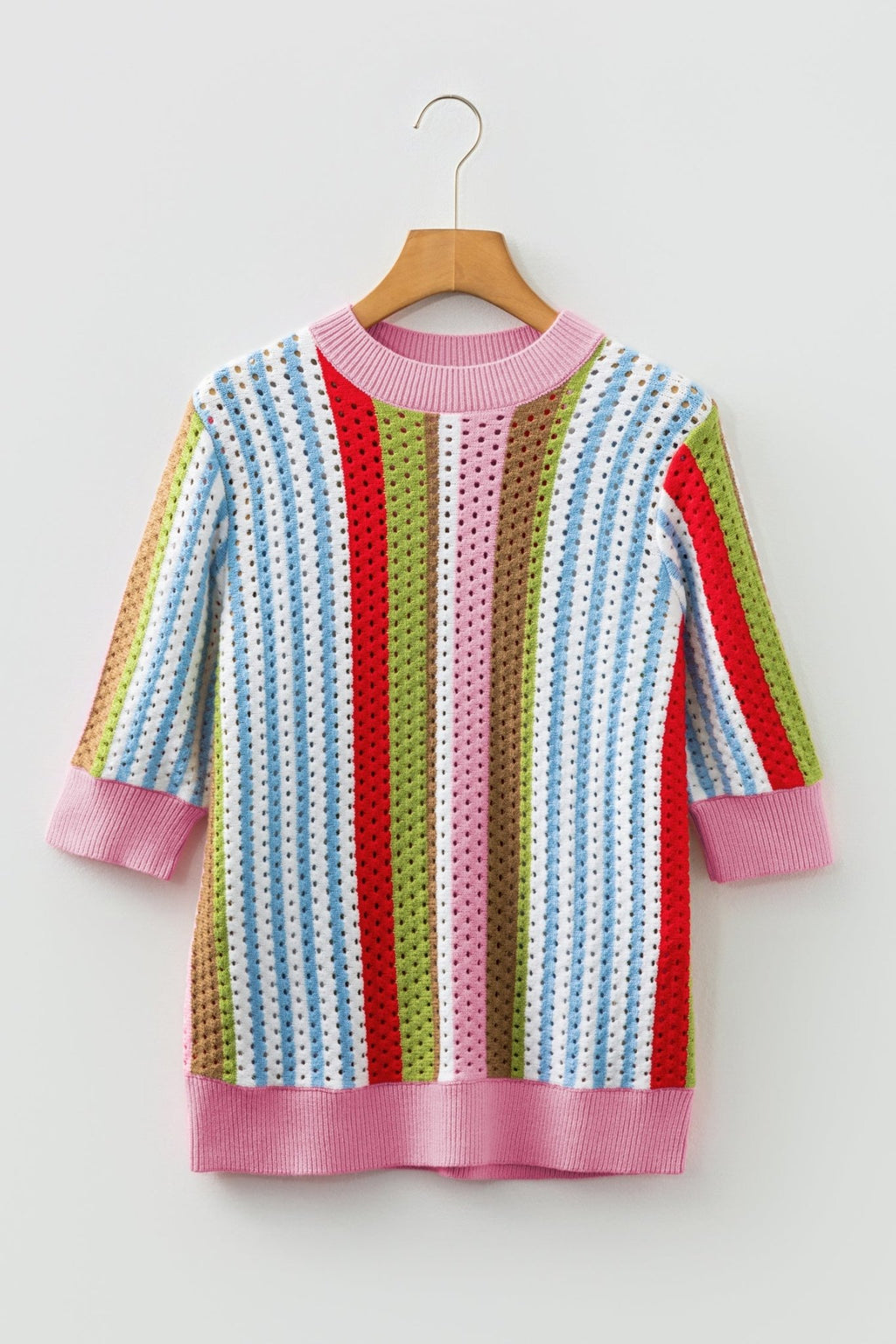 Stripe Pointelle Knit 3/4 Sleeve Sweater - Rooted & Reckless Co.