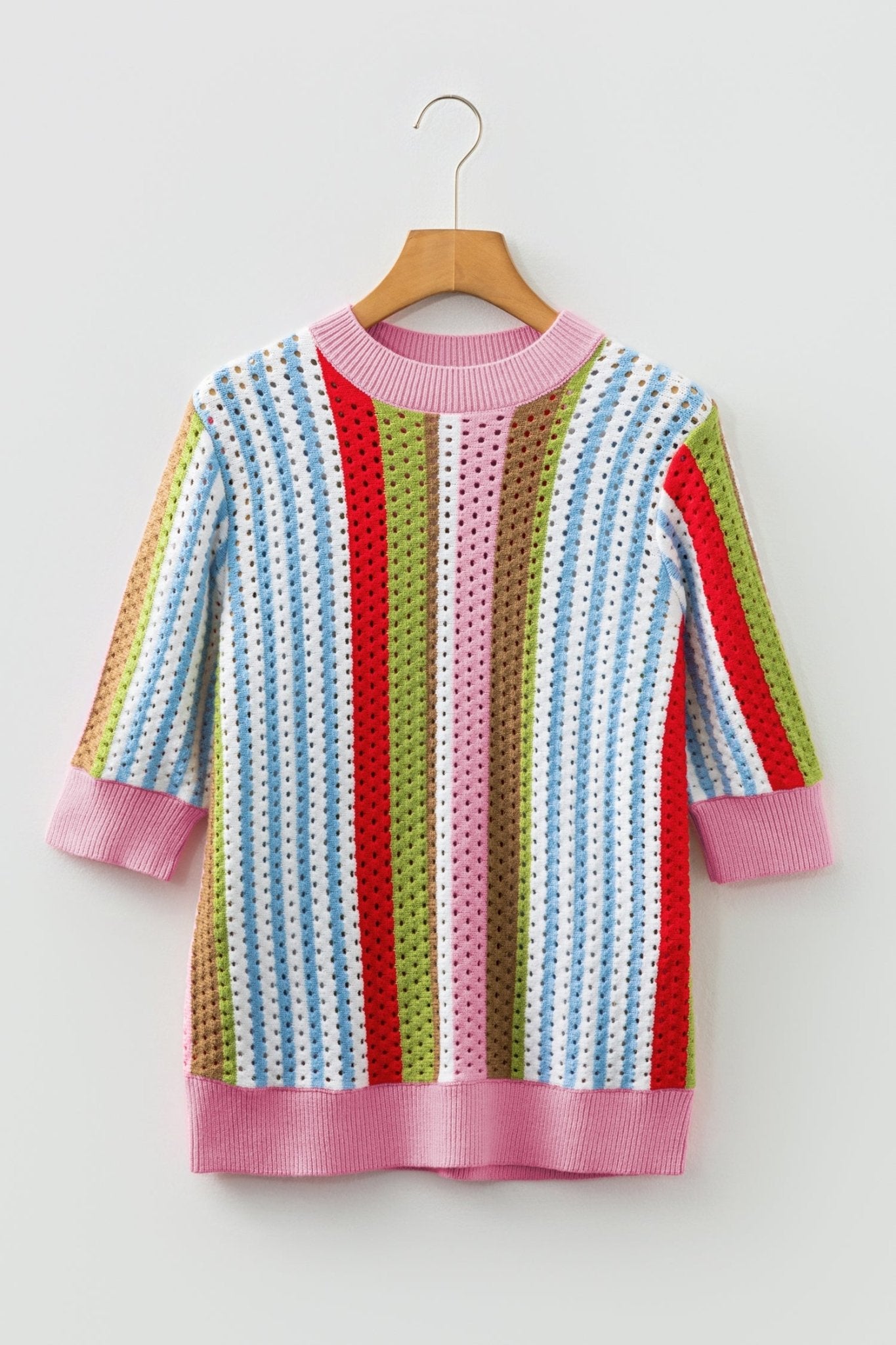 Stripe Pointelle Knit 3/4 Sleeve Sweater - Rooted & Reckless Co.