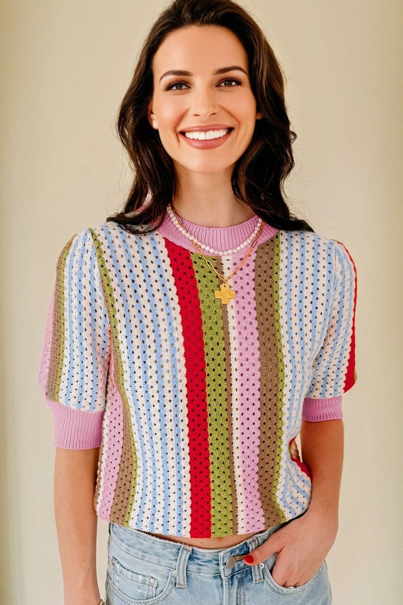 Stripe Pointelle Knit 3/4 Sleeve Sweater - Rooted & Reckless Co.