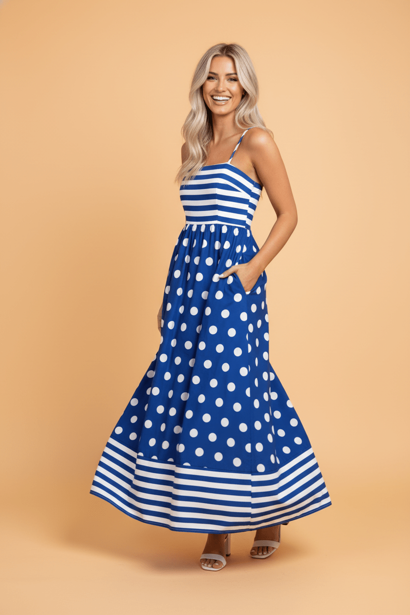 Stripe Polka Dot Patchwork High Waist Maxi Dress - Rooted & Reckless Co.