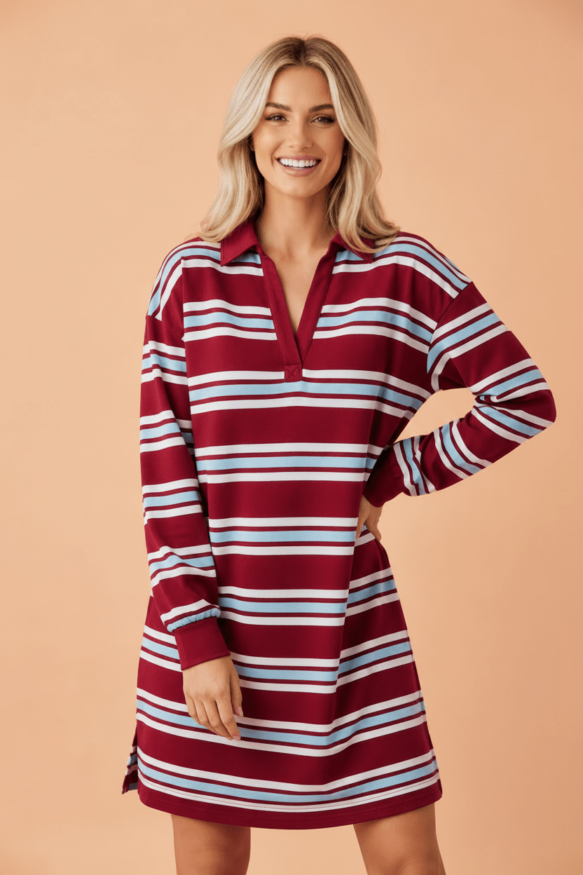 Stripe Polo Collar Long Sleeve T-Shirt Mini Dress - Rooted & Reckless Co.