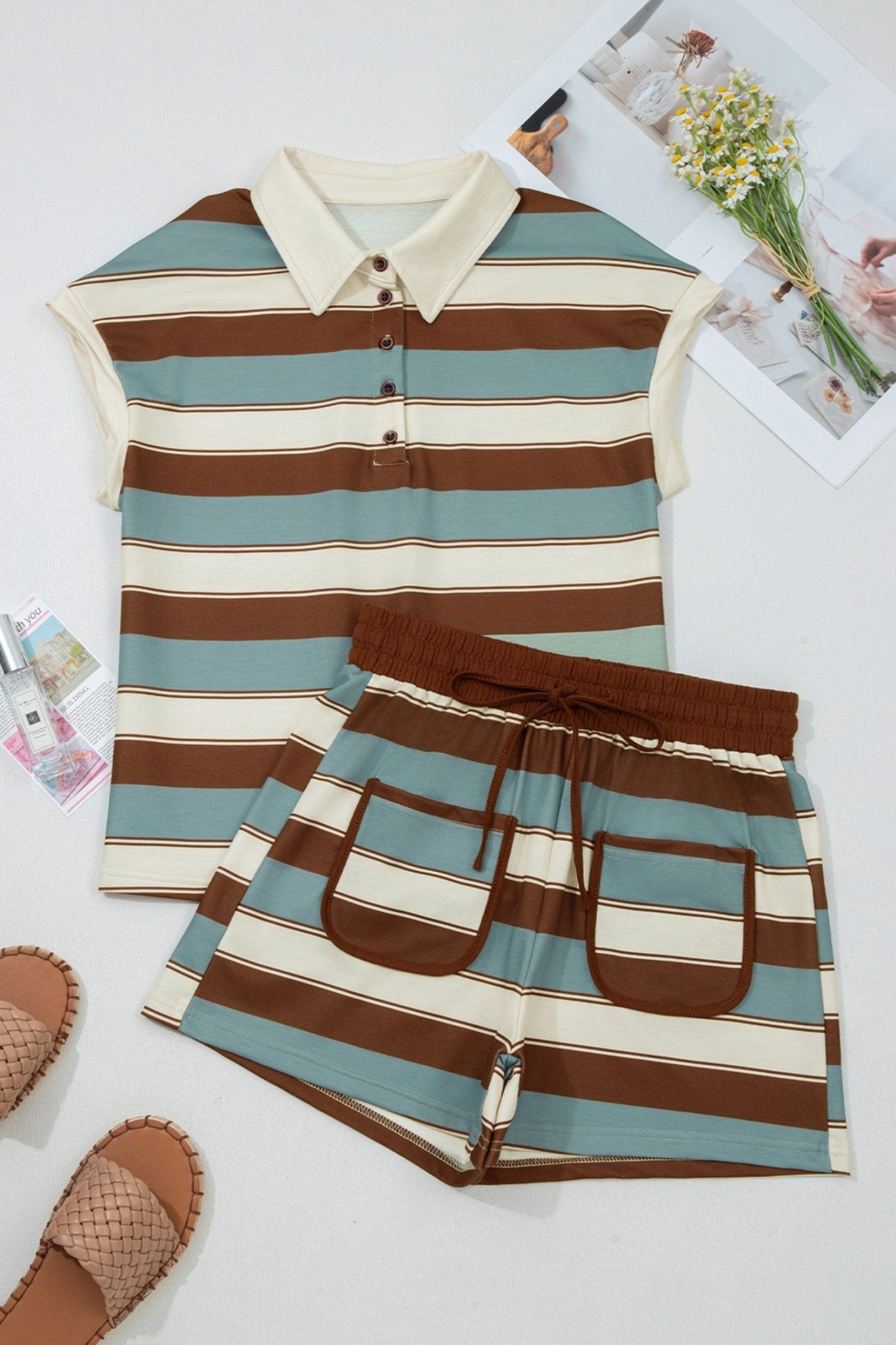 Stripe Polo Collar Tee and Patchwork Shorts Set - Rooted & Reckless Co.