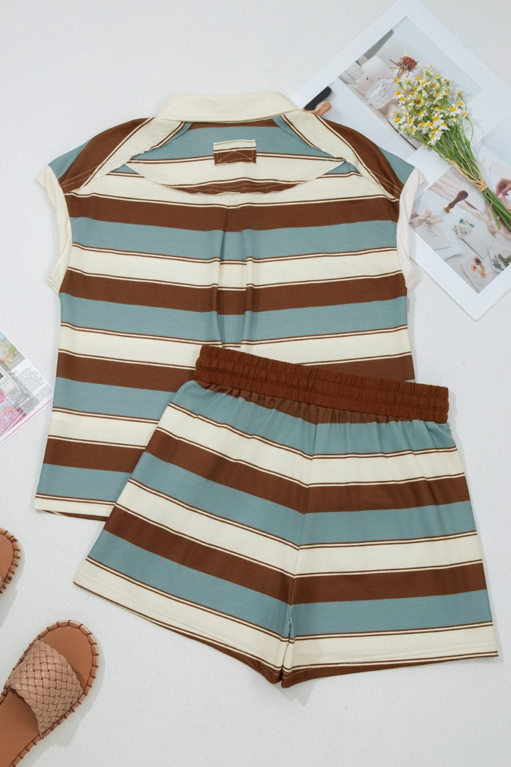 Stripe Polo Collar Tee and Patchwork Shorts Set - Rooted & Reckless Co.