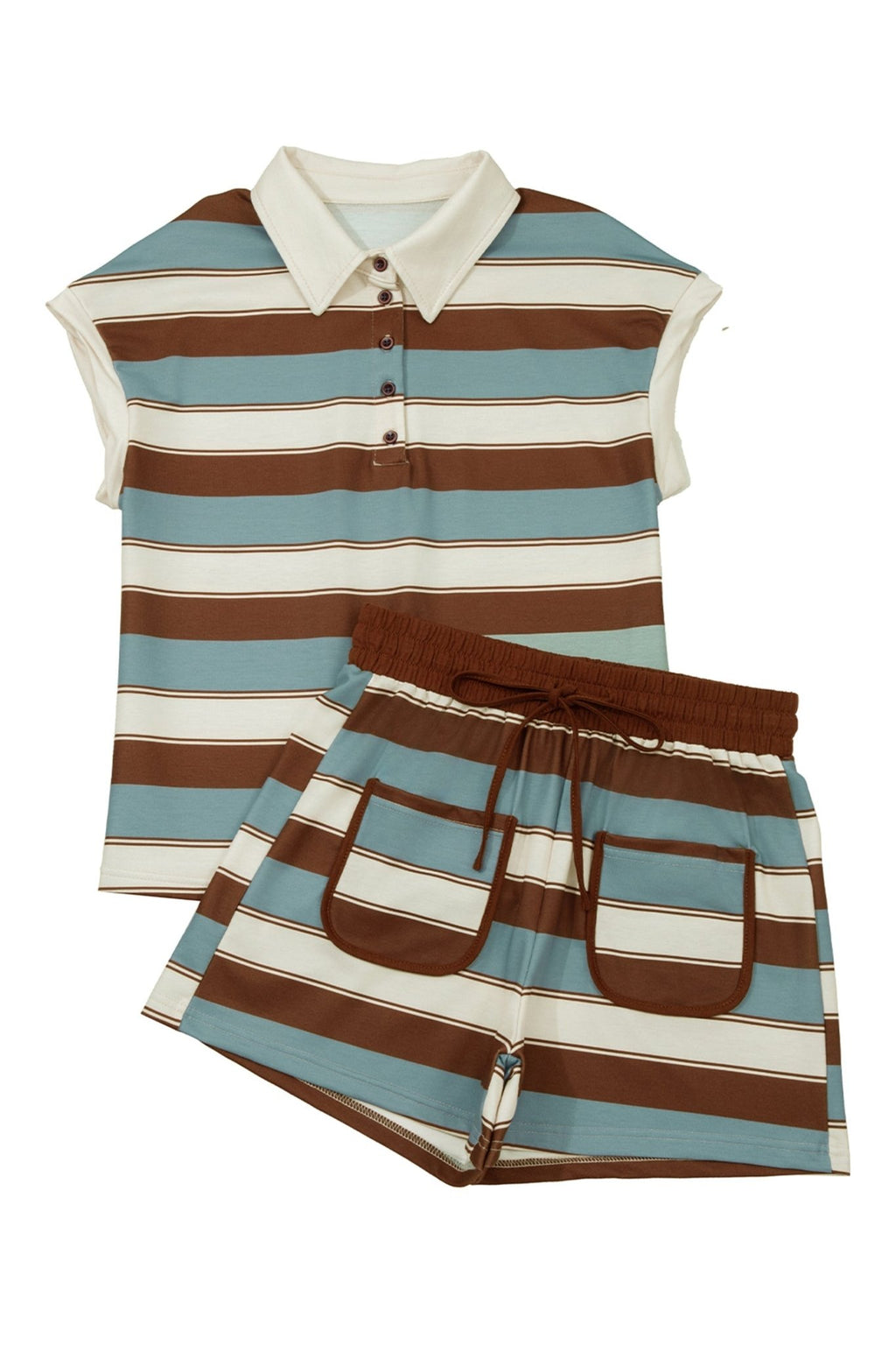 Stripe Polo Collar Tee and Patchwork Shorts Set - Rooted & Reckless Co.