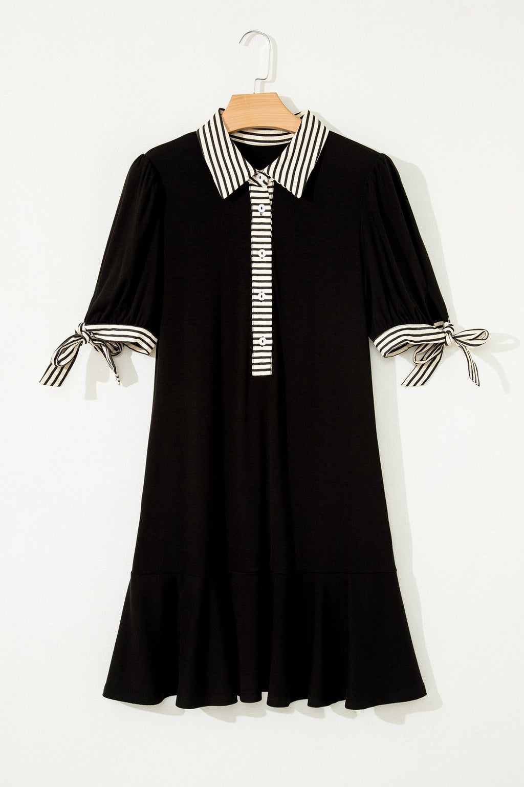 Stripe Polo Collar Tied Short Sleeve Mini Dress - Rooted & Reckless Co.