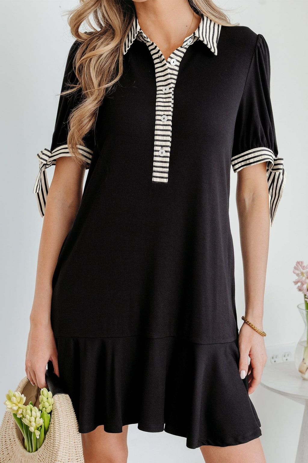 Stripe Polo Collar Tied Short Sleeve Mini Dress - Rooted & Reckless Co.