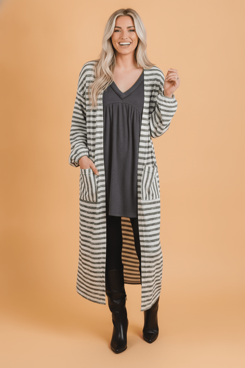 Stripe Puff Sleeve Oversized Open Front Cardigan - Rooted & Reckless Co.