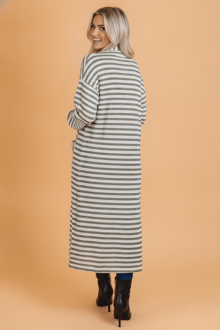 Stripe Puff Sleeve Oversized Open Front Cardigan - Rooted & Reckless Co.