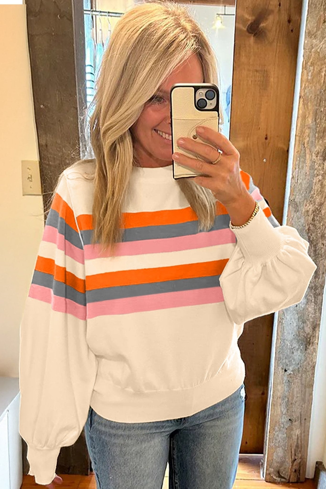 Stripe Puff Sleeve Pullover Sweatshirt - Rooted & Reckless Co.
