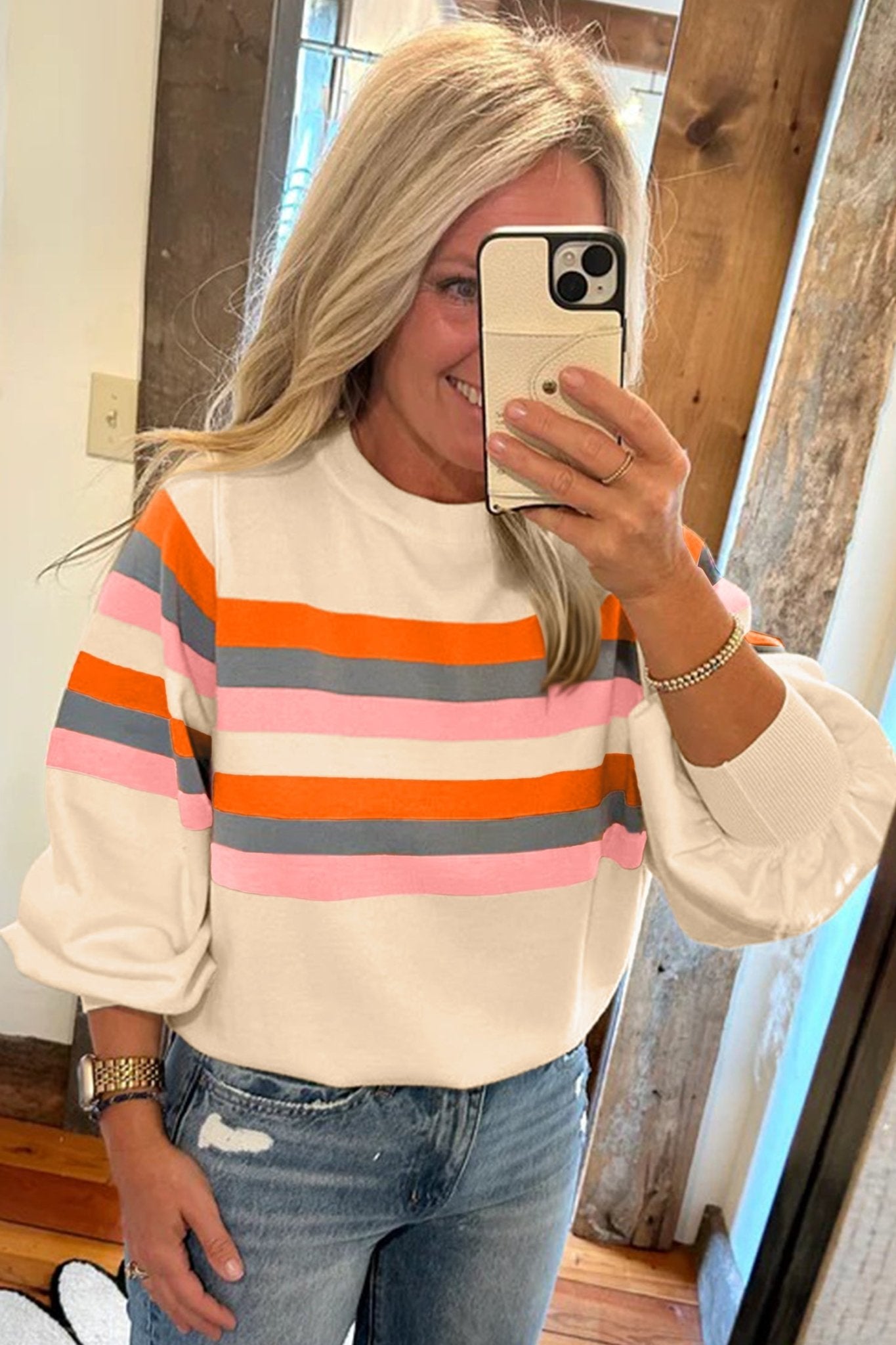 Stripe Puff Sleeve Pullover Sweatshirt - Rooted & Reckless Co.