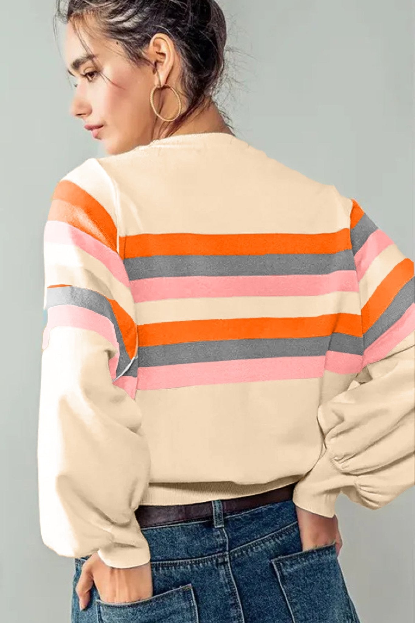Stripe Puff Sleeve Pullover Sweatshirt - Rooted & Reckless Co.