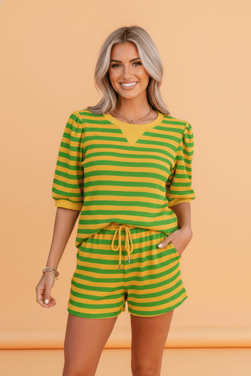 Stripe Puff Sleeve T-Shirt & Drawstring Shorts Set - Rooted & Reckless Co.
