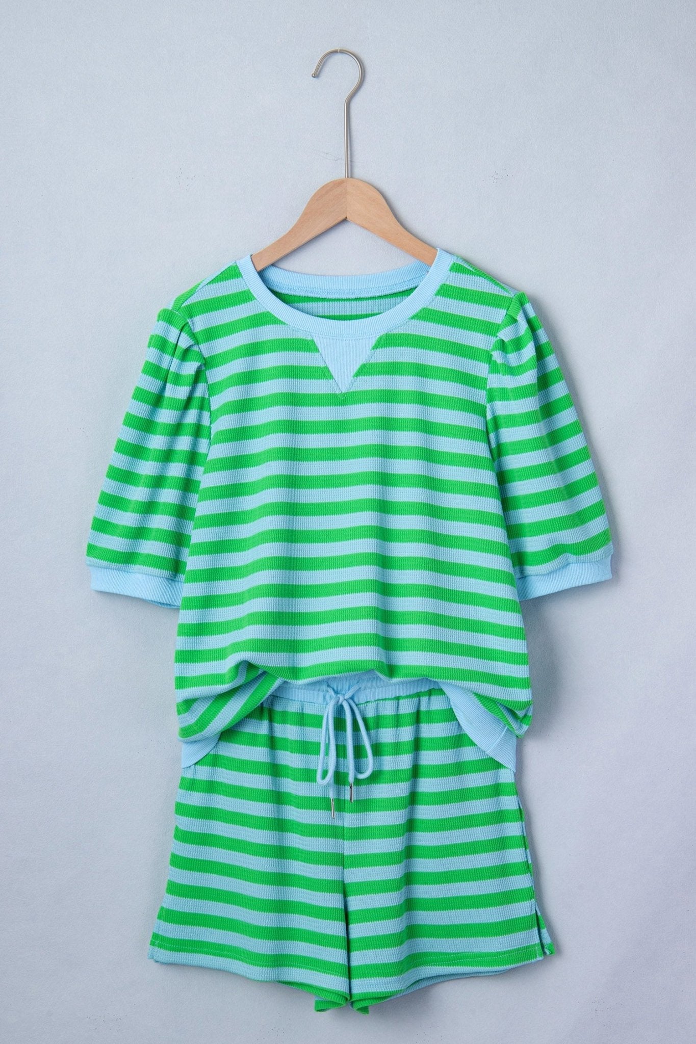 Stripe Puff Sleeve T-Shirt & Drawstring Shorts Set - Rooted & Reckless Co.