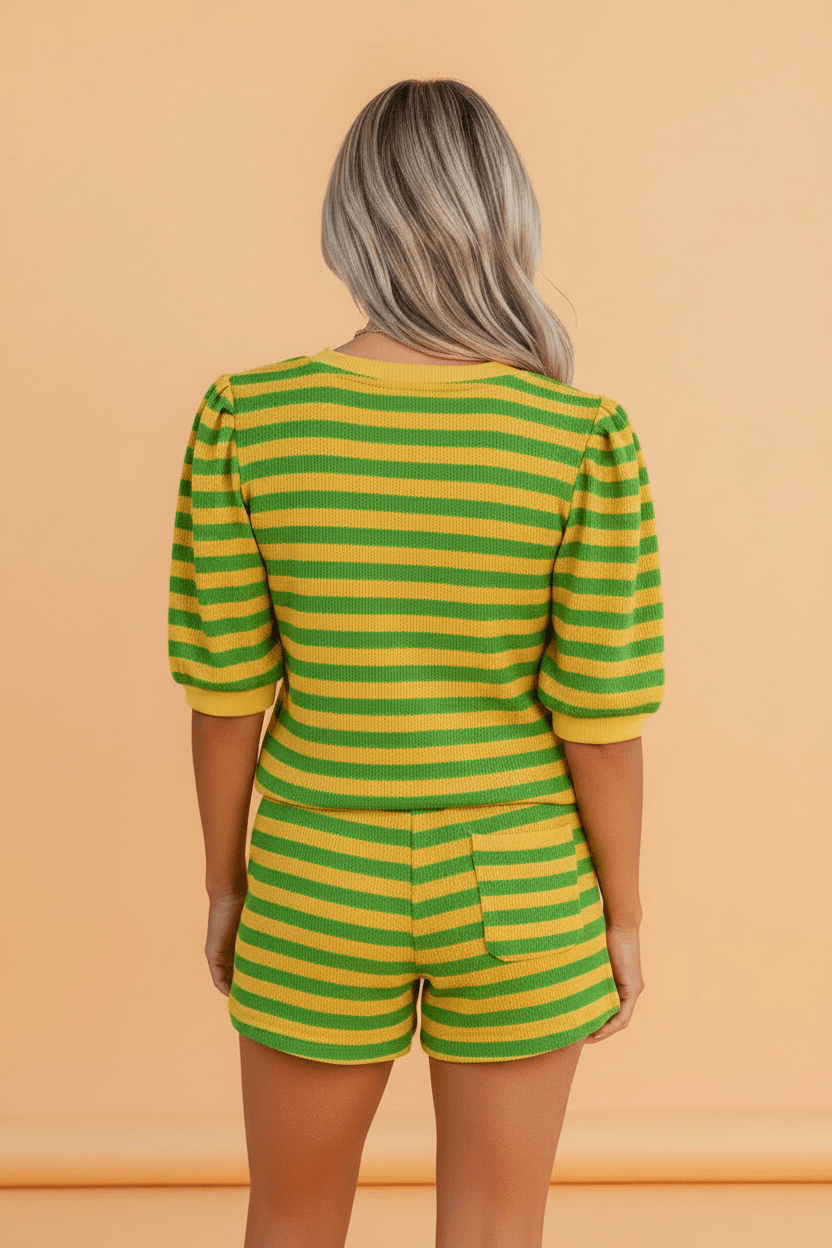 Stripe Puff Sleeve T-Shirt & Drawstring Shorts Set - Rooted & Reckless Co.