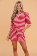 Stripe Puff Sleeve T-Shirt & Drawstring Shorts Set - Rooted & Reckless Co.