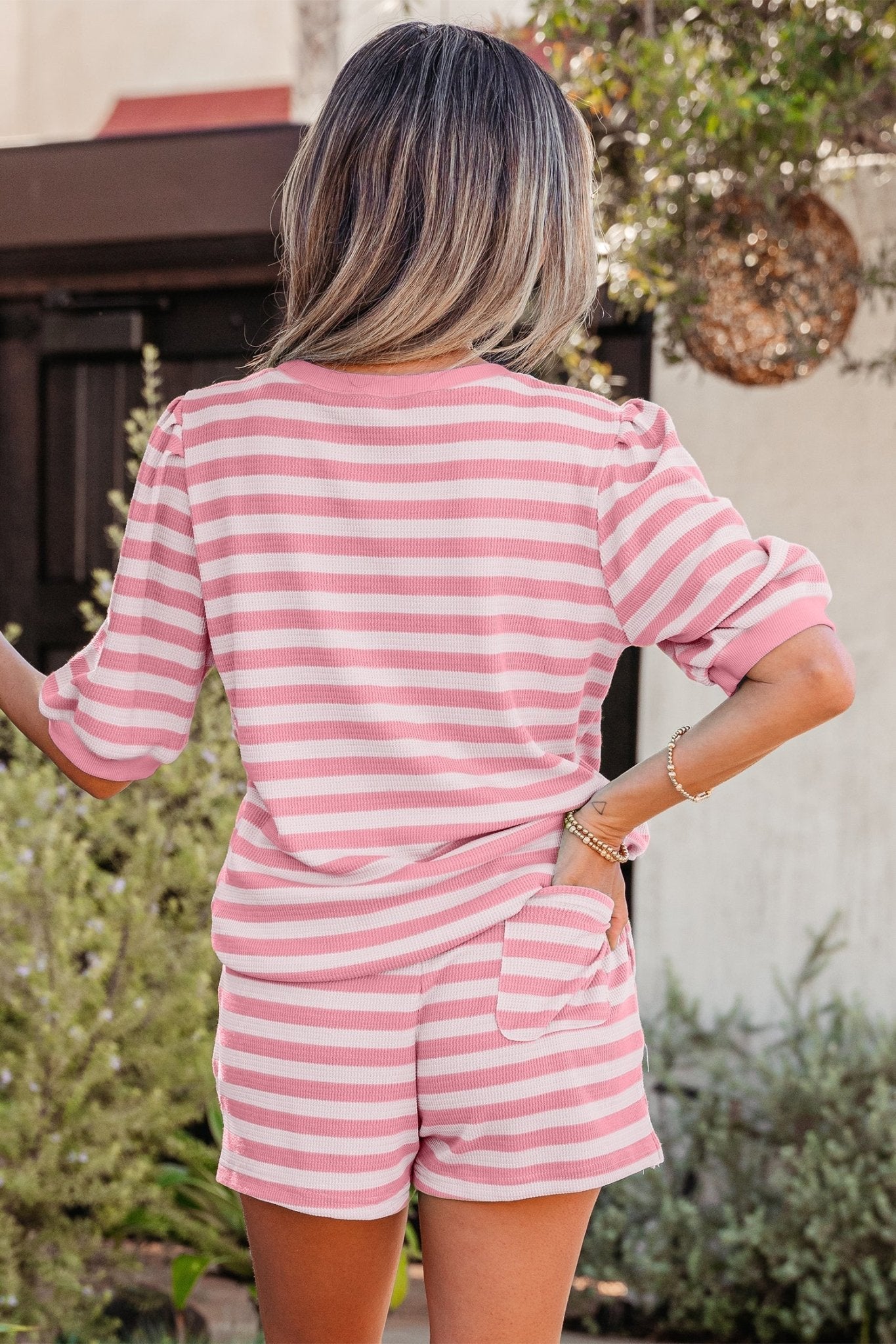 Stripe Puff Sleeve T-Shirt & Drawstring Shorts Set - Rooted & Reckless Co.