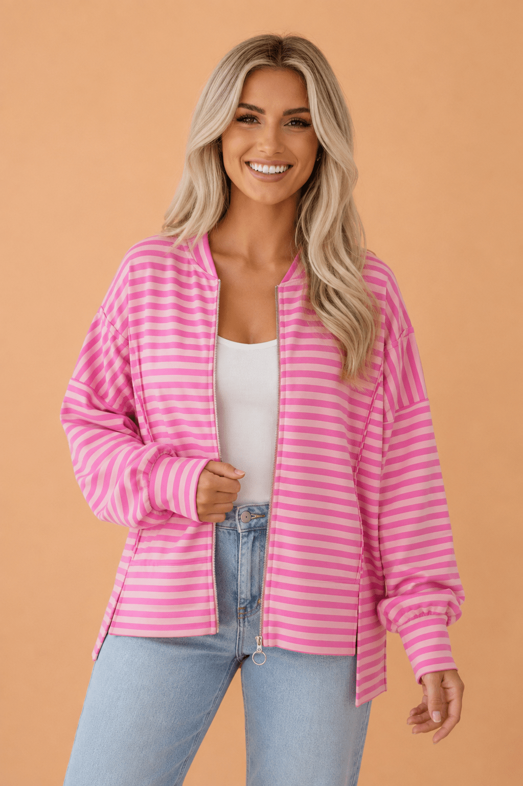 Stripe Puff Sleeve Zip-Up Sweatshirt Jacket - Rooted & Reckless Co.