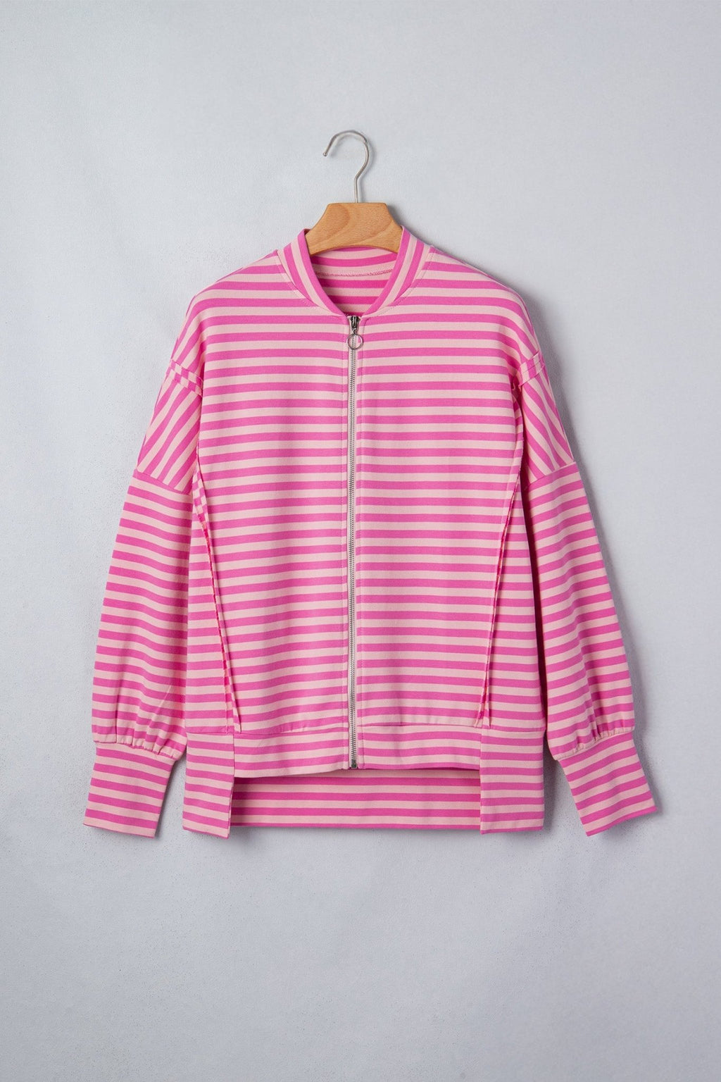 Stripe Puff Sleeve Zip-Up Sweatshirt Jacket - Rooted & Reckless Co.