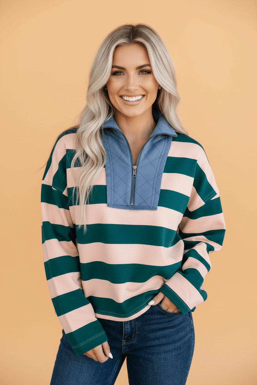 Stripe Quarter-Zip Exposed Seam Long Sleeve Top - Rooted & Reckless Co.