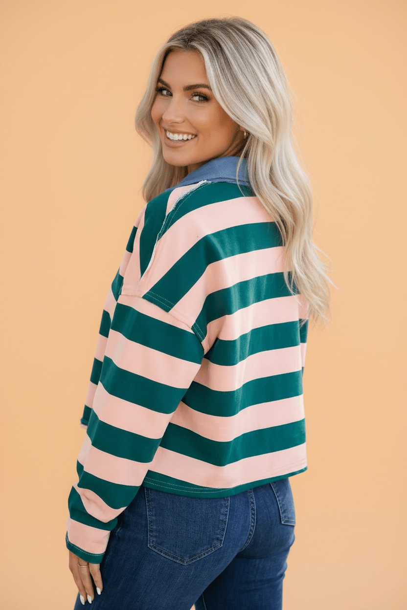 Stripe Quarter-Zip Exposed Seam Long Sleeve Top - Rooted & Reckless Co.