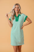 Stripe Quarter Zip Polo Collar T-Shirt Dress - Rooted & Reckless Co.