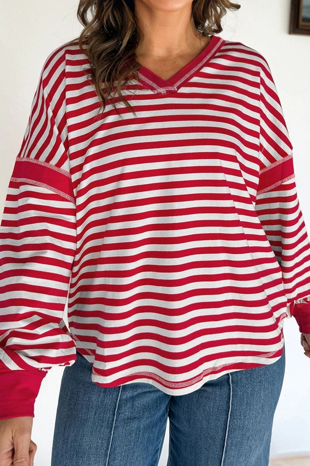 Stripe Reverse Seam V-Neck Balloon Sleeve Pullover - Rooted & Reckless Co.