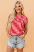 Stripe Ribbed Cap Sleeve Round Neck T-Shirt - Rooted & Reckless Co.