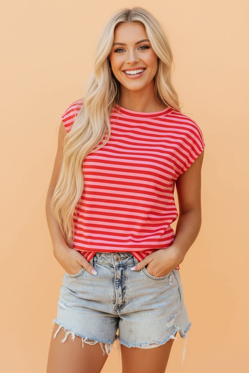 Stripe Ribbed Cap Sleeve Round Neck T-Shirt - Rooted & Reckless Co.