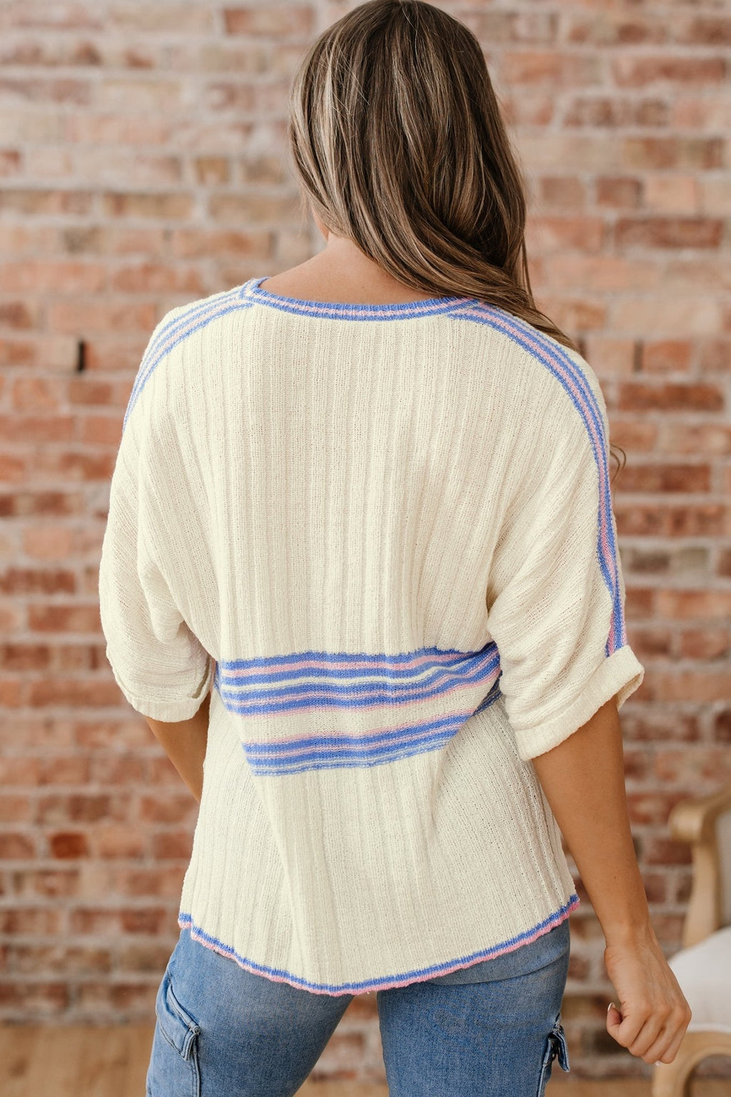 Stripe Ribbed Dolman Sleeve V-Neck Sweater - Rooted & Reckless Co.