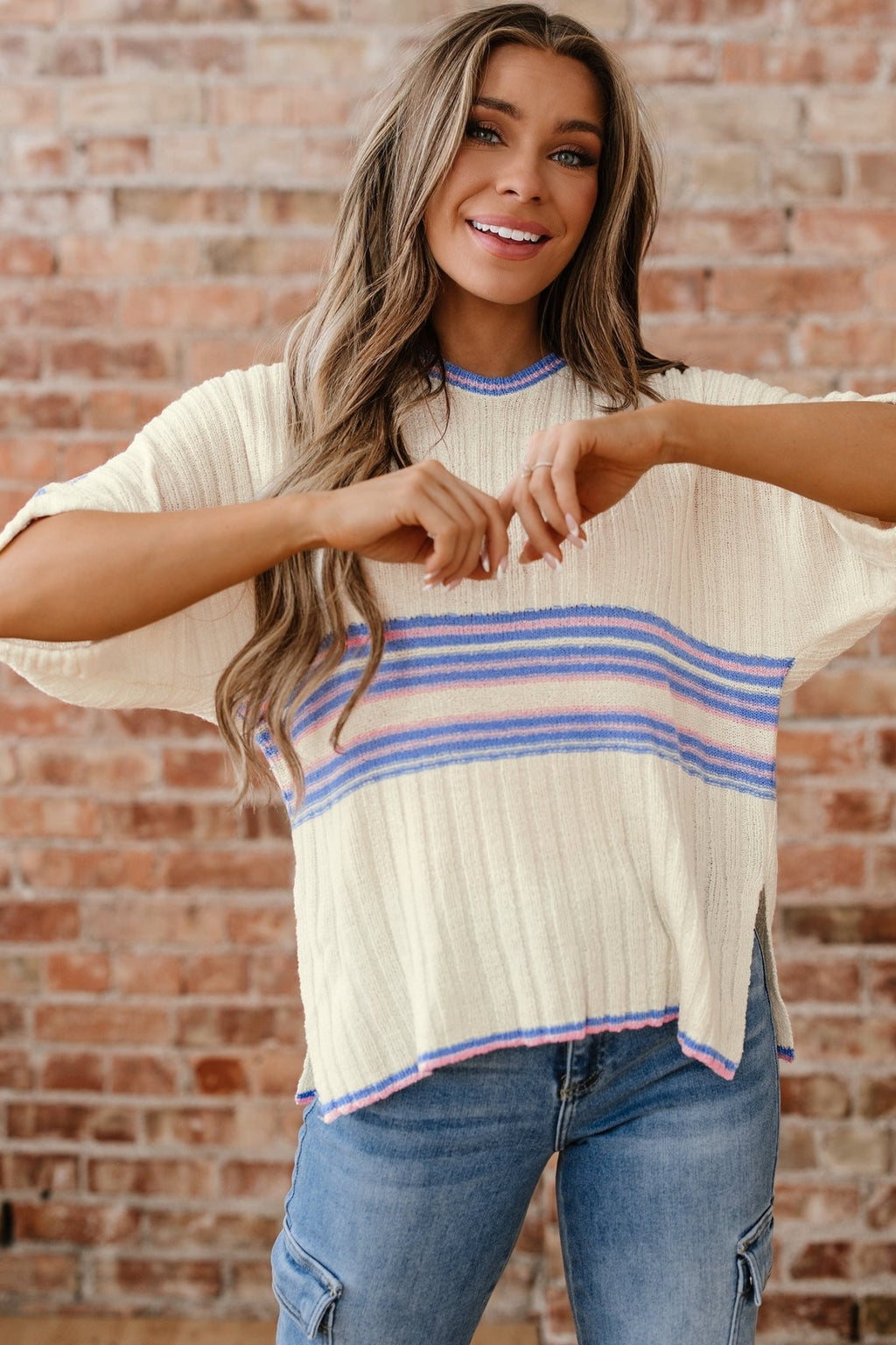 Stripe Ribbed Dolman Sleeve V-Neck Sweater - Rooted & Reckless Co.