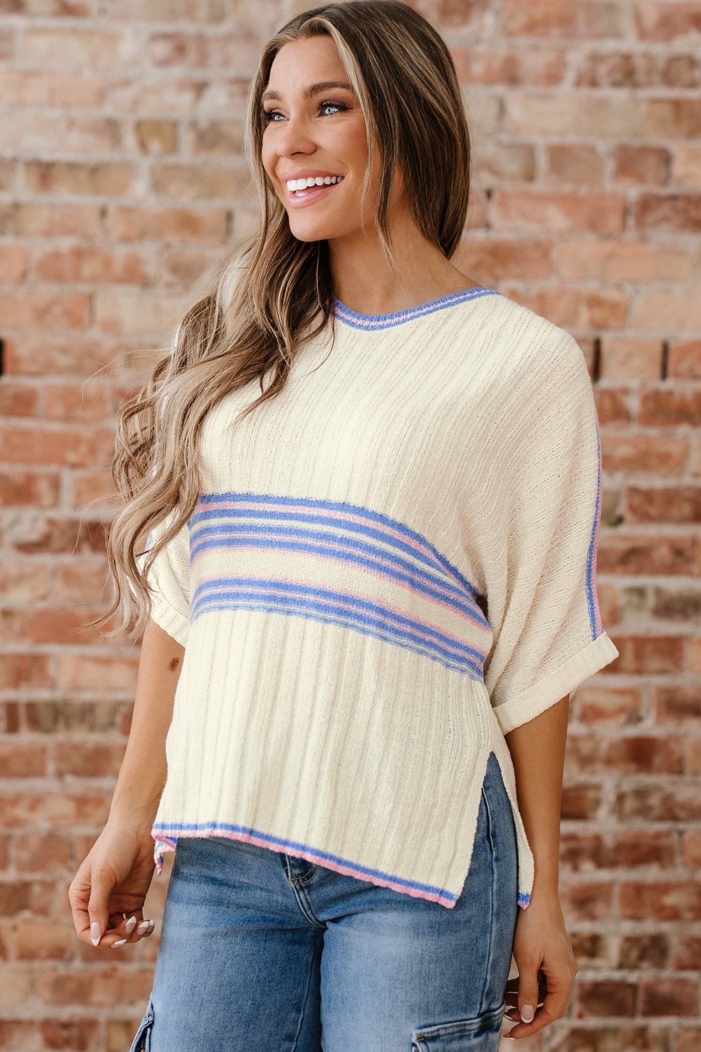 Stripe Ribbed Dolman Sleeve V-Neck Sweater - Rooted & Reckless Co.