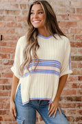 Stripe Ribbed Dolman Sleeve V-Neck Sweater - Rooted & Reckless Co.