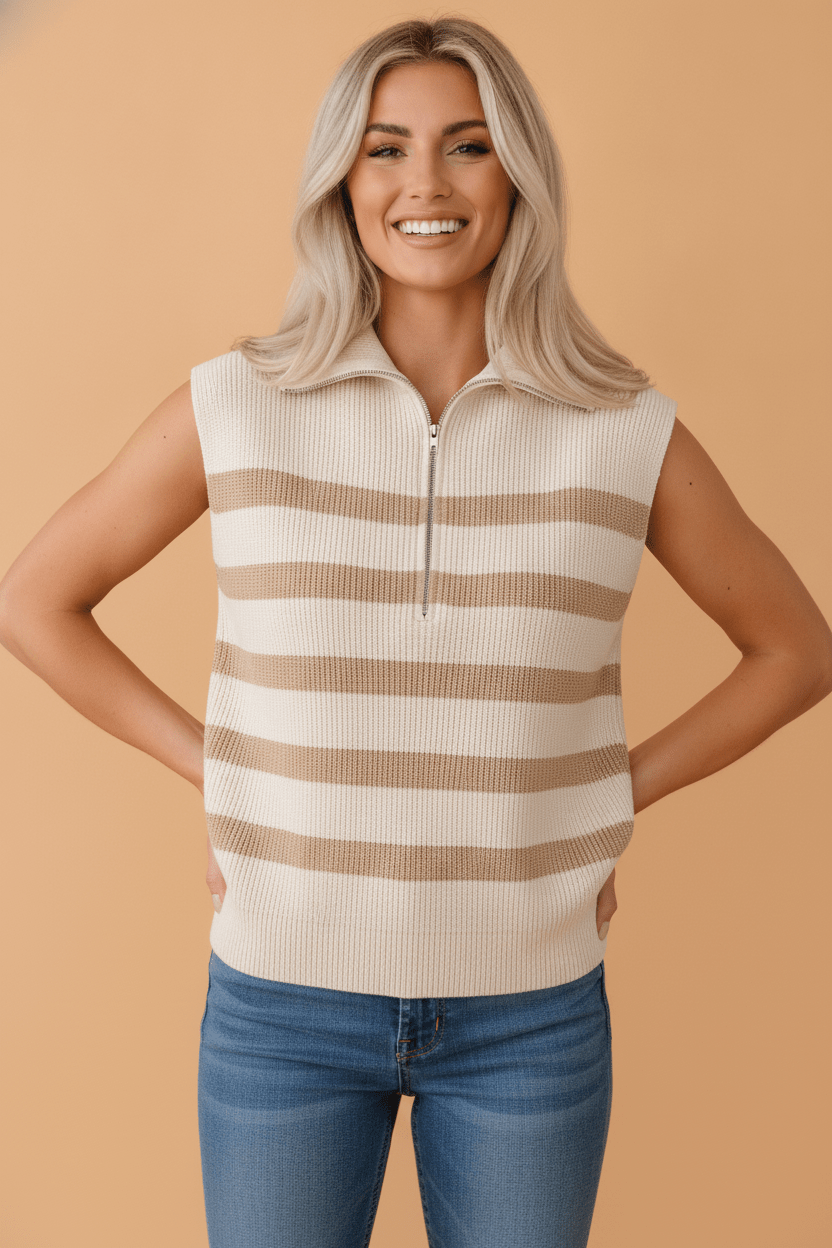 Stripe Ribbed Half-Zip Collar Sleeveless Sweater - Rooted & Reckless Co.