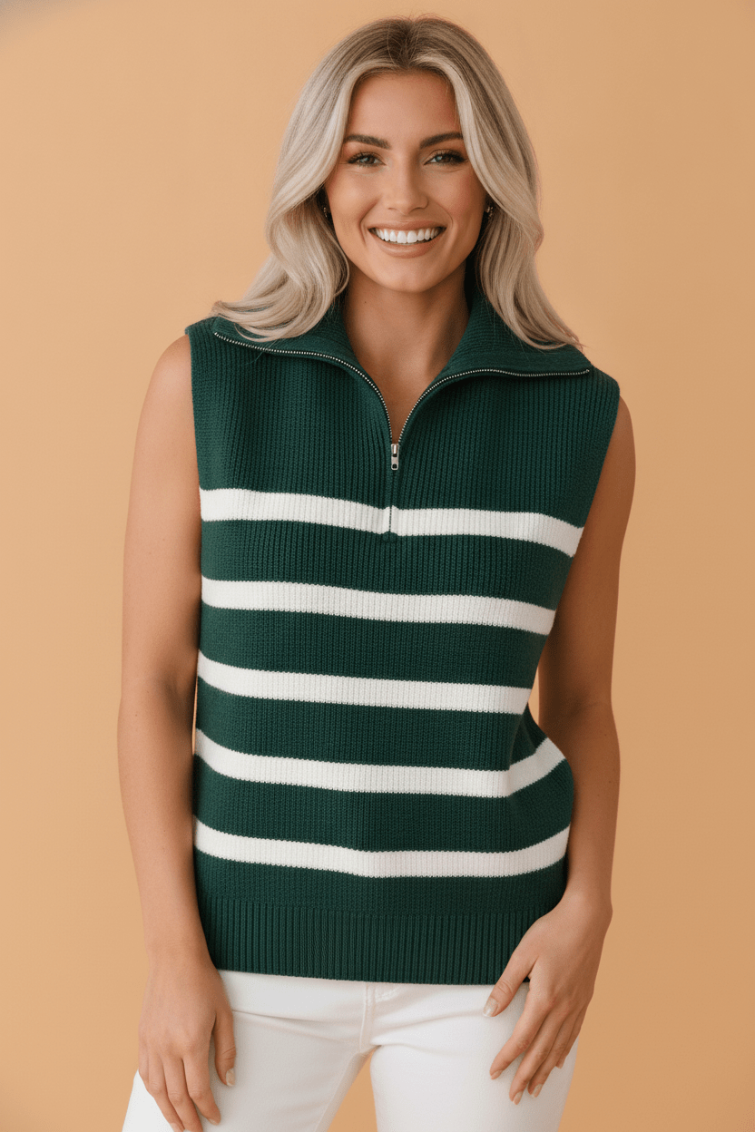 Stripe Ribbed Half-Zip Collar Sleeveless Sweater - Rooted & Reckless Co.