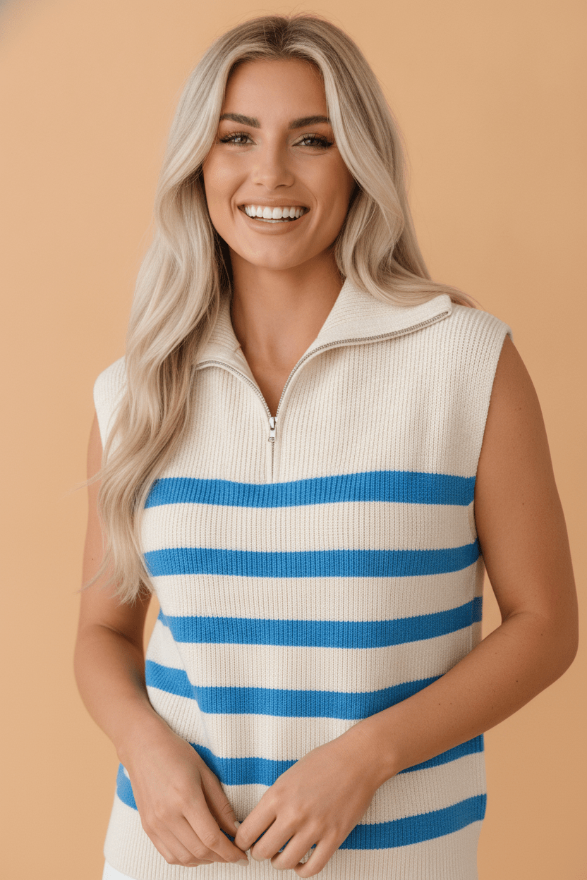 Stripe Ribbed Half-Zip Collar Sleeveless Sweater - Rooted & Reckless Co.