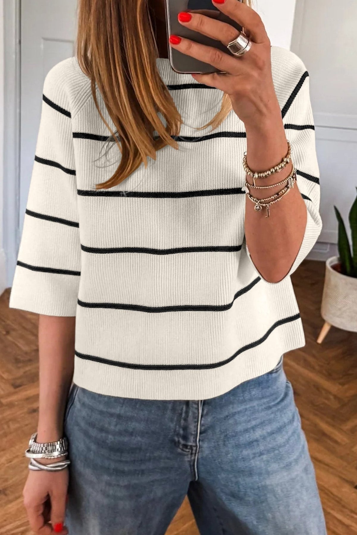 Stripe Ribbed Knit 3/4 Sleeve Sweater Tee - Rooted & Reckless Co.