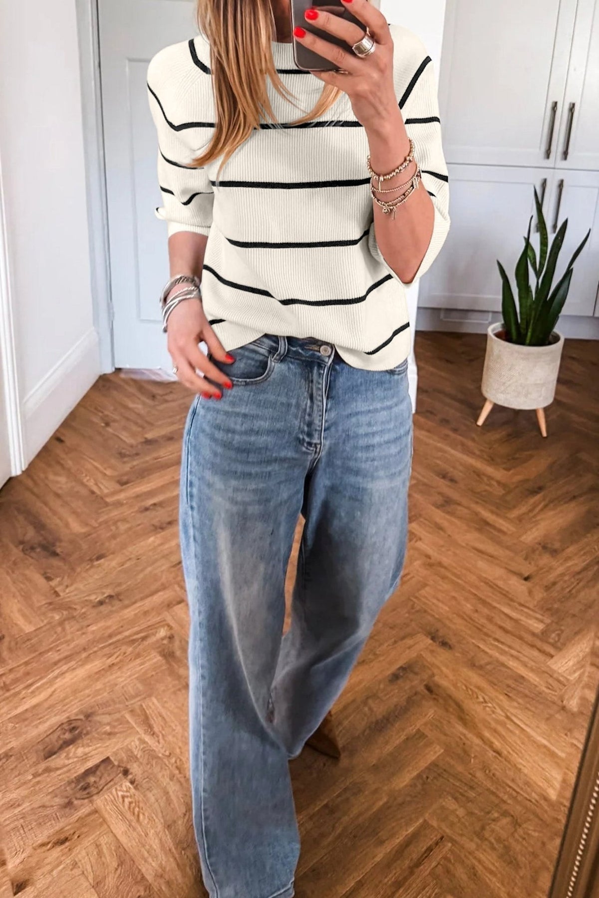 Stripe Ribbed Knit 3/4 Sleeve Sweater Tee - Rooted & Reckless Co.