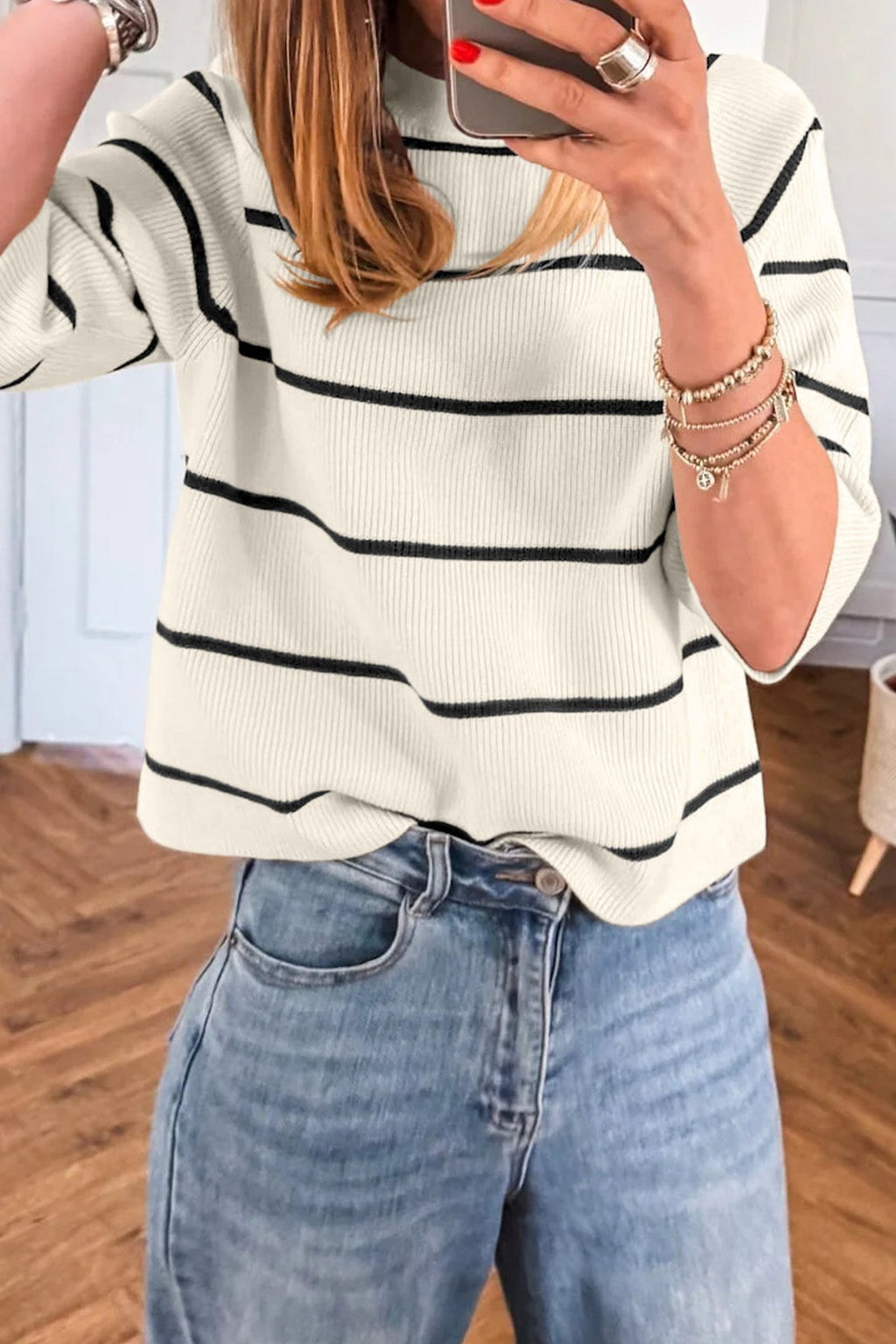 Stripe Ribbed Knit 3/4 Sleeve Sweater Tee - Rooted & Reckless Co.
