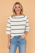 Stripe Ribbed Knit 3/4 Sleeve Sweater Tee - Rooted & Reckless Co.