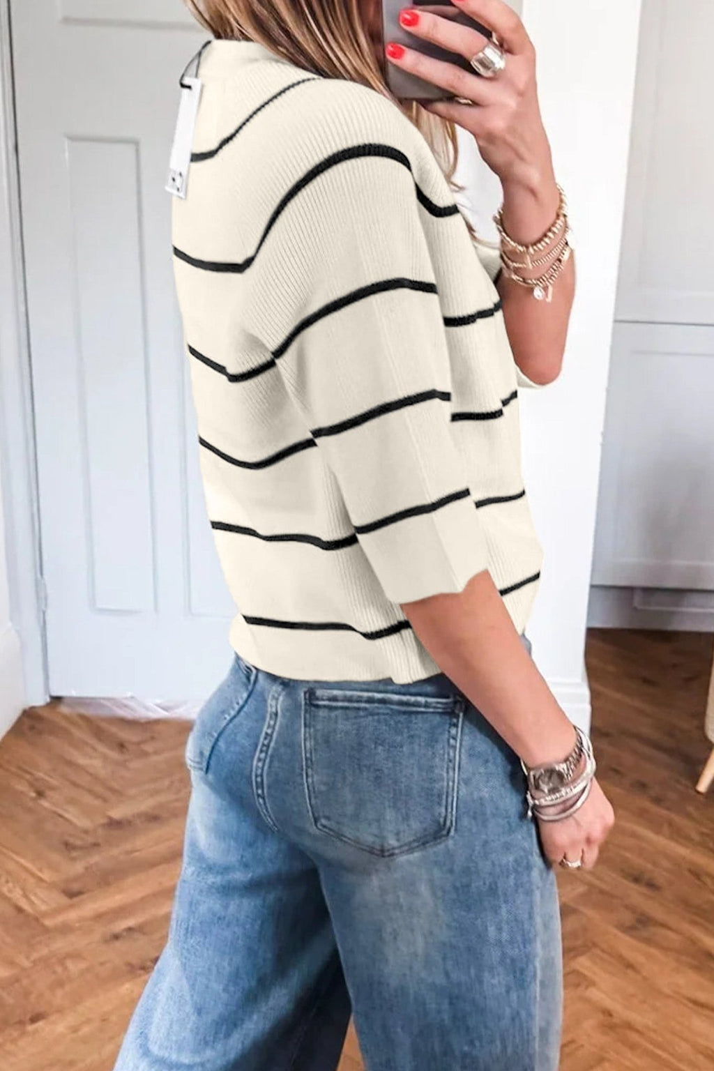 Stripe Ribbed Knit 3/4 Sleeve Sweater Tee - Rooted & Reckless Co.
