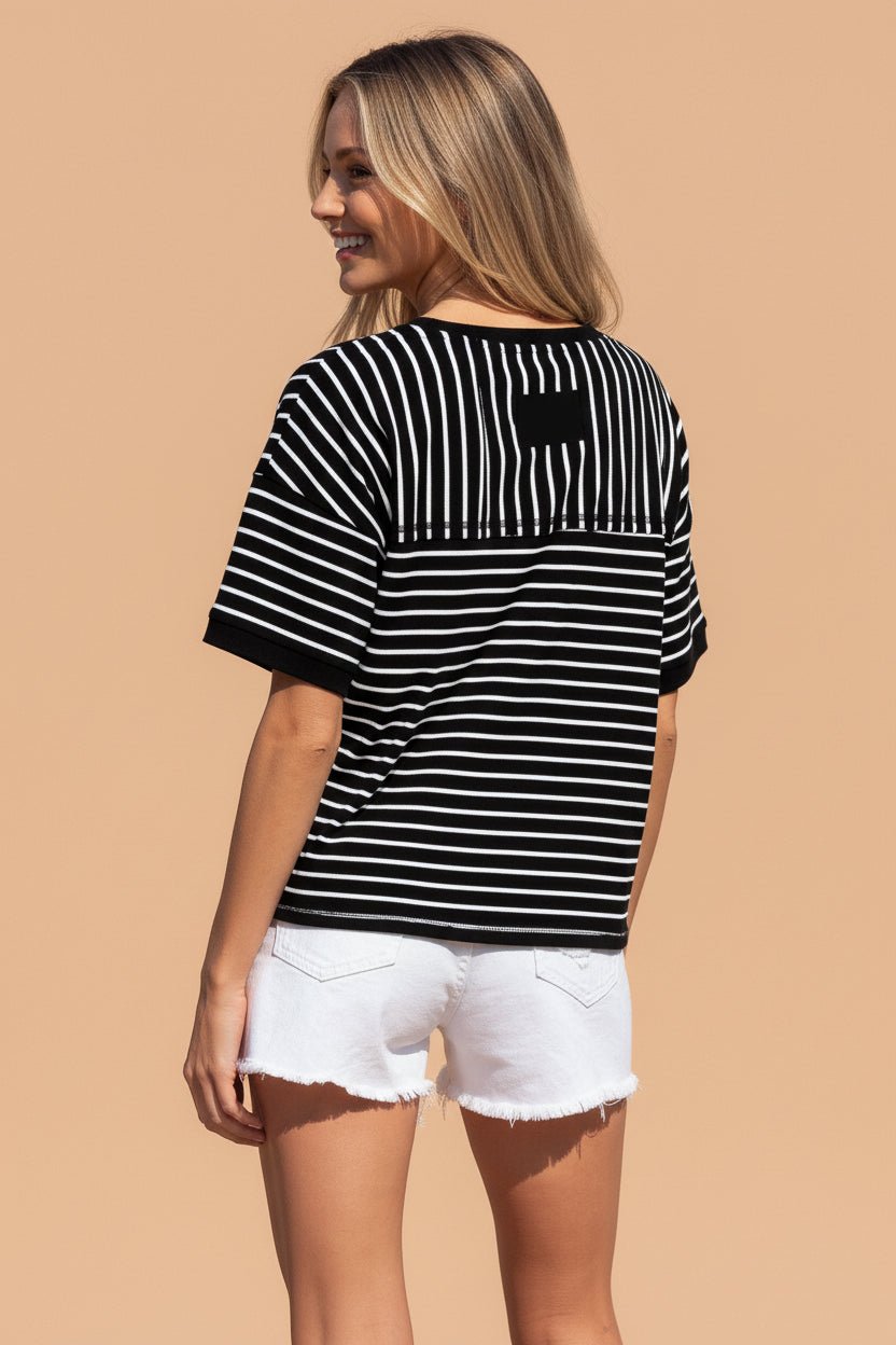 Stripe Ribbed Patchwork Short Sleeve Tee - Rooted & Reckless Co.