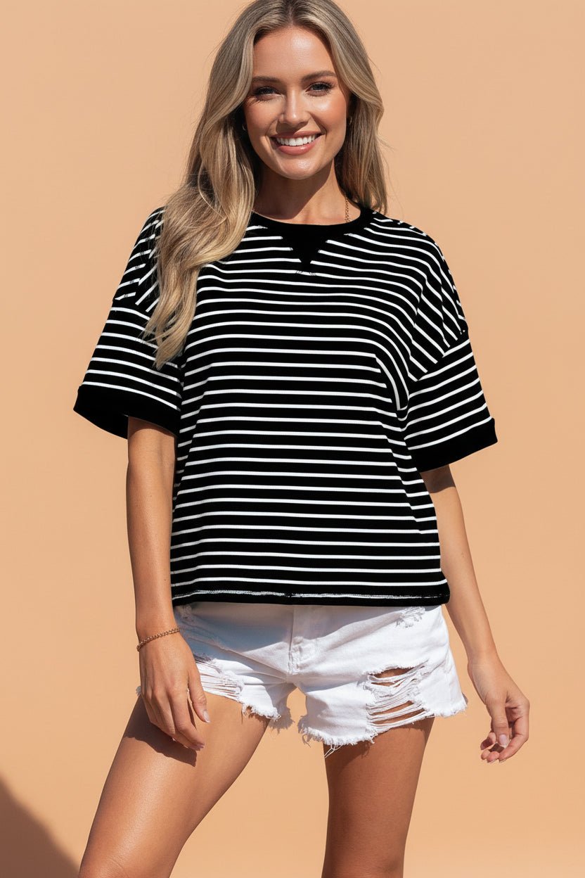Stripe Ribbed Patchwork Short Sleeve Tee - Rooted & Reckless Co.