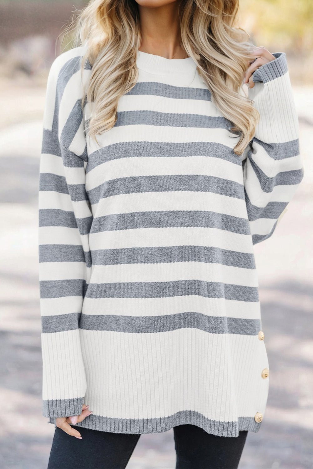 Stripe Ribbed Side-Button Drop Shoulder Sweater - Rooted & Reckless Co.