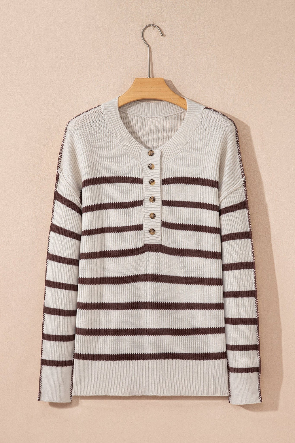 Stripe Ribbed Slouchy Drop Shoulder Henley Sweater - Rooted & Reckless Co.