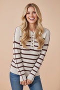 Stripe Ribbed Slouchy Drop Shoulder Henley Sweater - Rooted & Reckless Co.