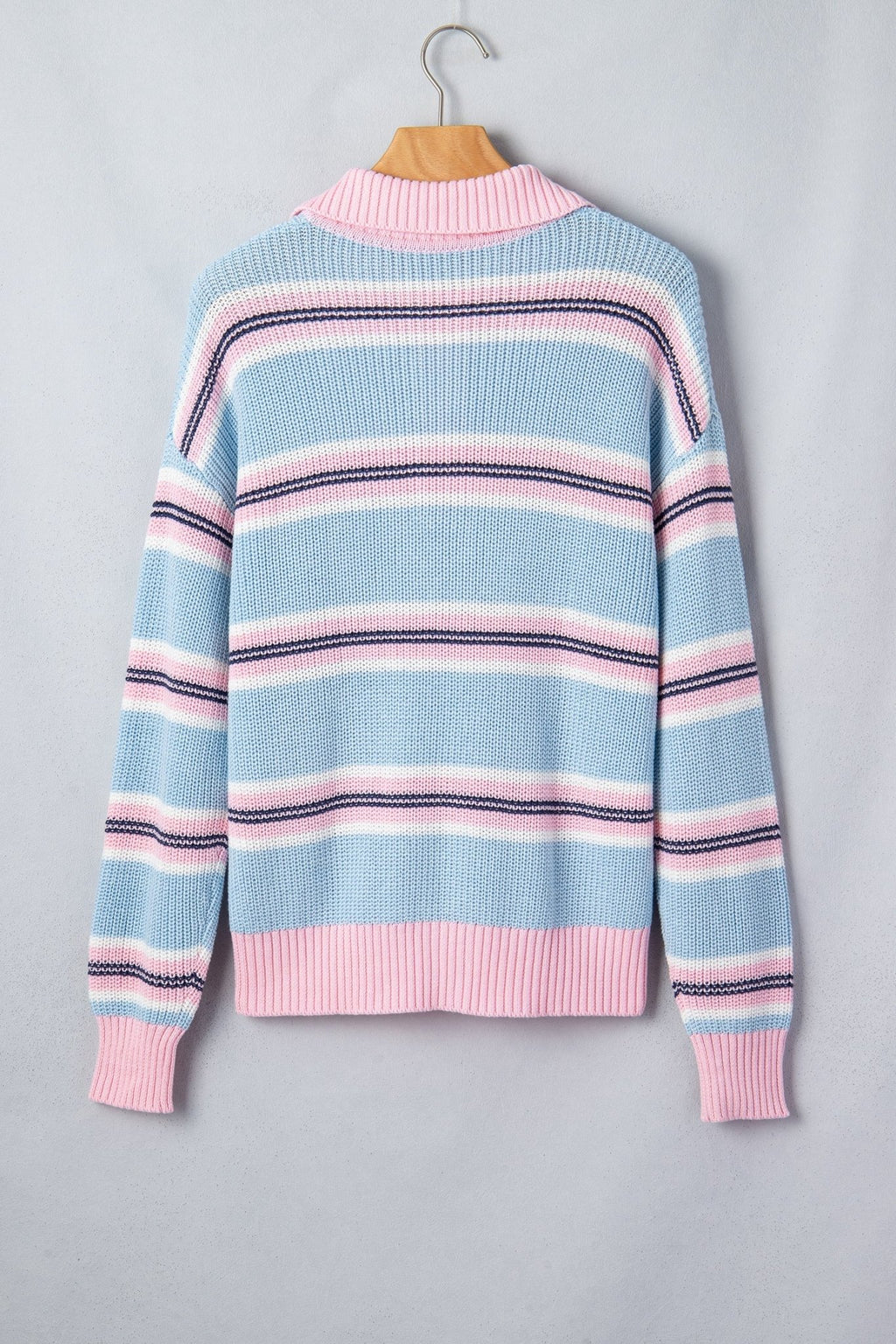 Stripe Ribbed Trim Buttoned Collar Long Sleeve Sweater - Rooted & Reckless Co.