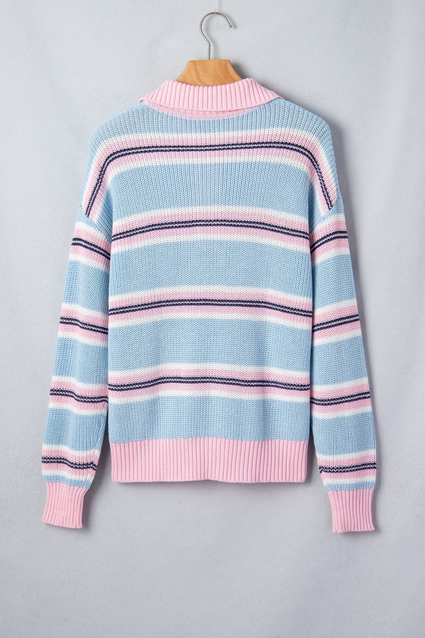 Stripe Ribbed Trim Buttoned Collar Long Sleeve Sweater - Rooted & Reckless Co.