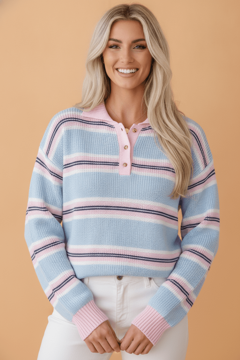 Stripe Ribbed Trim Buttoned Collar Long Sleeve Sweater - Rooted & Reckless Co.