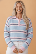 Stripe Ribbed Trim Buttoned Collar Long Sleeve Sweater - Rooted & Reckless Co.